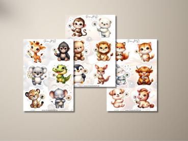 Drei Bögen mit süßen Cartoon-Tieraufklebern von DreamArt VM. Abgebildet sind verschiedene Tiere, darunter Giraffe, Gorilla, Koala, Krokodil, Pinguin, Löwe, Fuchs, Kätzchen, Häschen, Kuh, Welpe und Kalb, die alle Pusteblumen halten. Design Nr. 2087, 2088 u